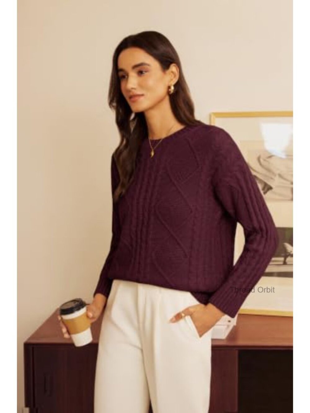 Women Cable Knit Crew Neck Pullover Sweater Warm Cozy Fall Winter - Picture 2 of 6